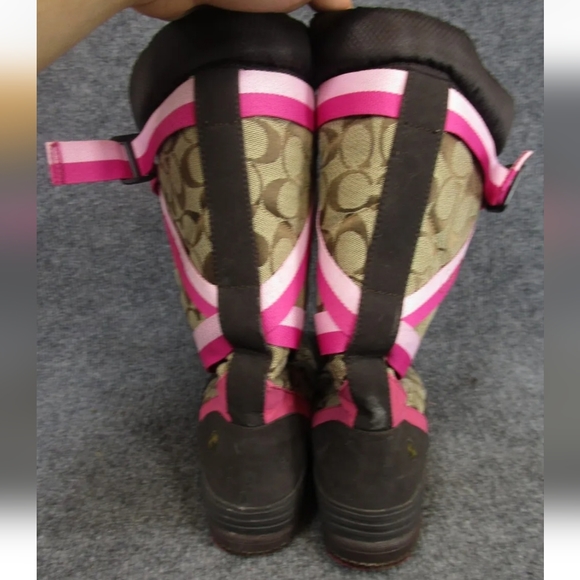 Coach Marian Signature Logo Khaki Rare Pink Trim Lace-Up Mid-Calf Snow Boot 9M - Picture 3 of 16